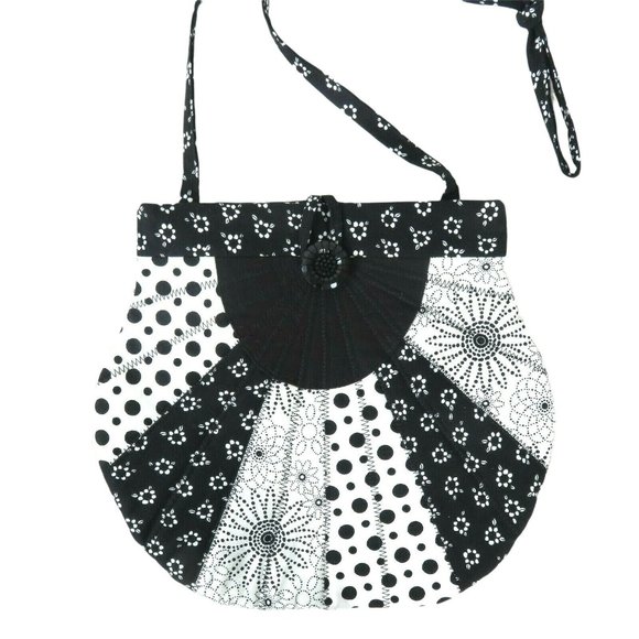 Handmade Quilted Patchwork Shoulder Bag Purse Black White Floral Button Closure - Picture 5 of 8